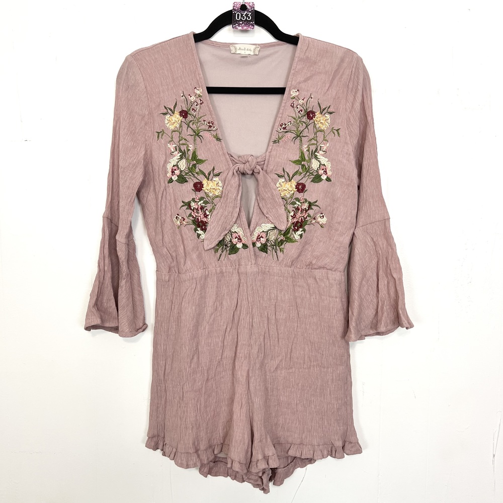 Altar'd State Floral Embroidered Tie Front Bell Sleeve Romper Small